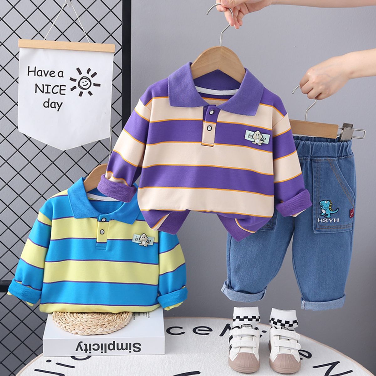 Boys Striped Lapel Polo Shirt Set