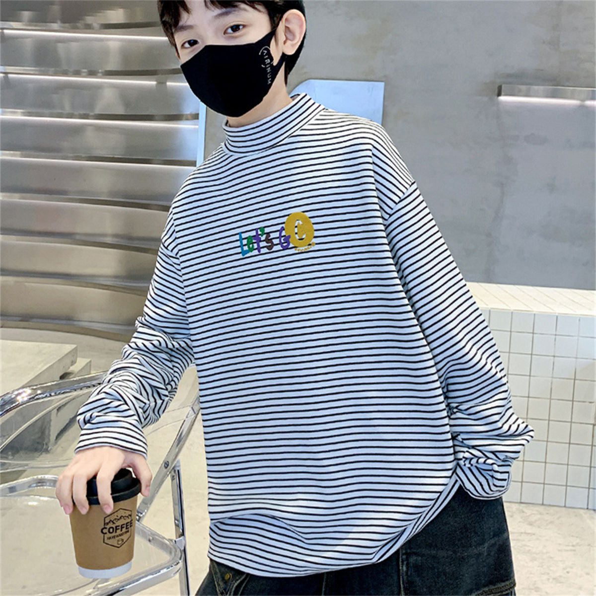 Winter plus velvet cute letter horizontal striped warm bottoming shirt for middle and large boys