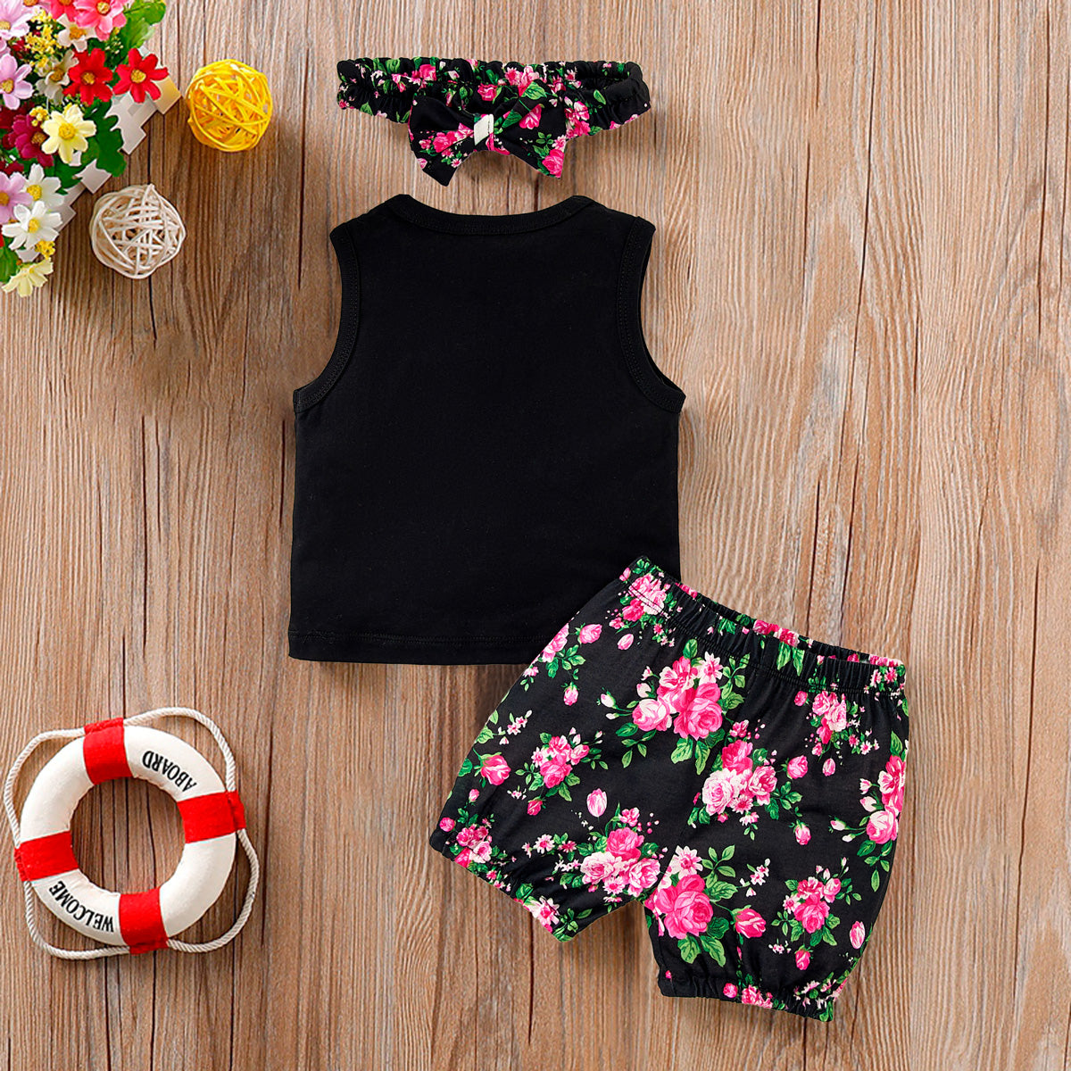 Baby Letter Printed Top & Floral Shorts with Headband