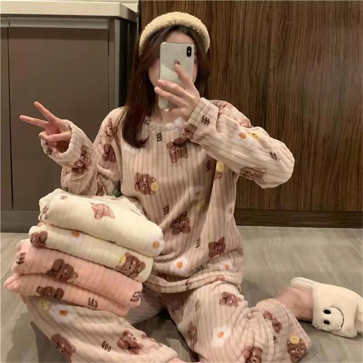 Bear bow print coral fleece suit home clothes