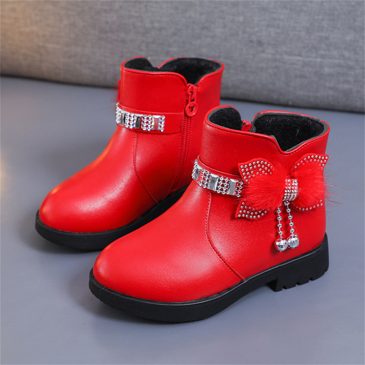 Cute furry and diamond warm waterproof Martin boots for girls in winter