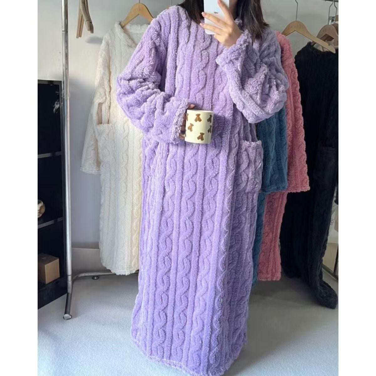 Autumn and winter coral fleece long nightdress large size plus velvet thickened nightgown nightdress