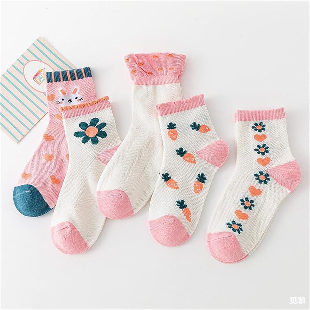 5 pairs, cute summer strawberry bunny socks