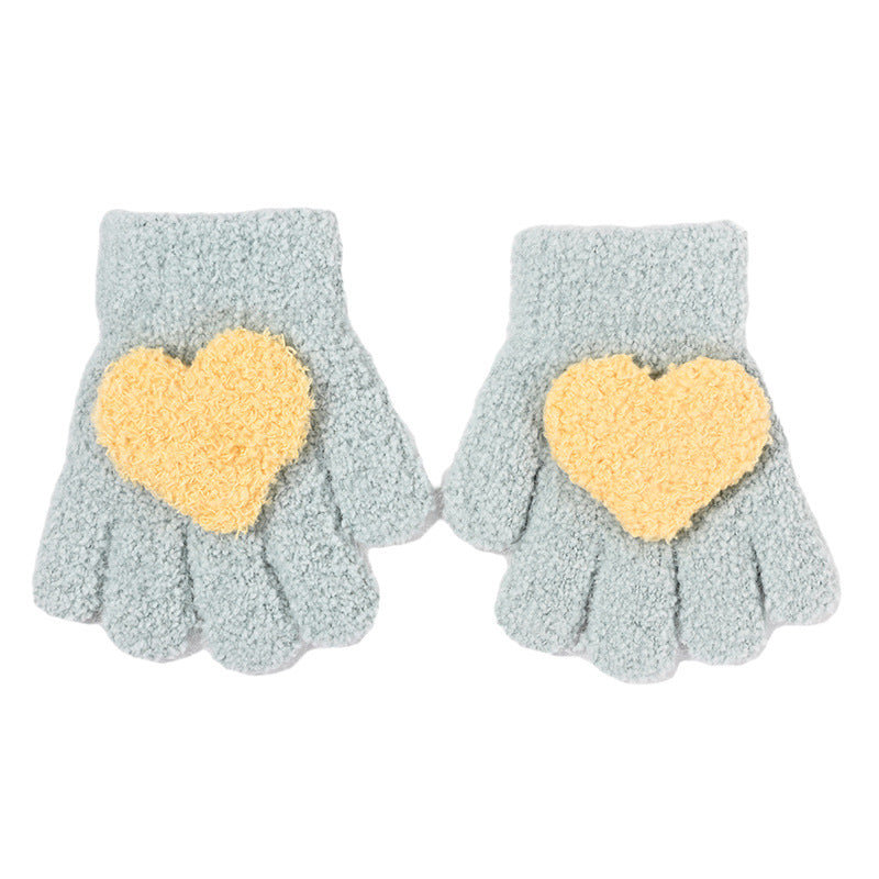 Children's Girls Love Knitted Autumn and Winter Five-Finger Warm Thickened Gloves