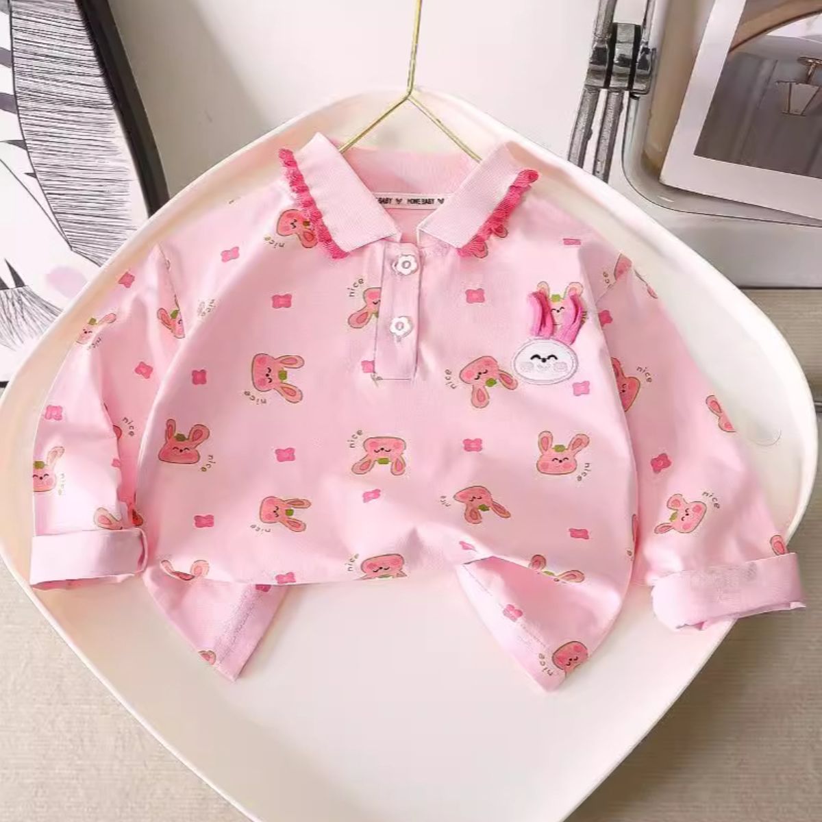 Girls Lace Autumn New Tops Polo Neck Long Sleeve Little Girl Pink Bottoming Shirt