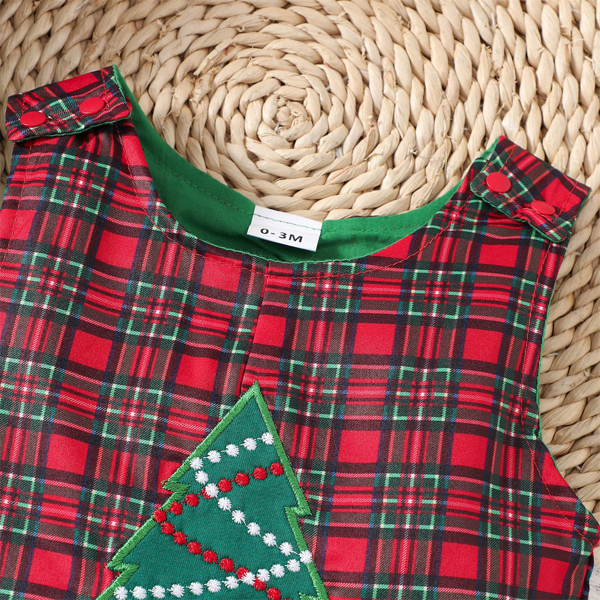 Christmas Baby Plaid Bodysuit Cartoon Christmas Tree Embroidery Jumpsuit