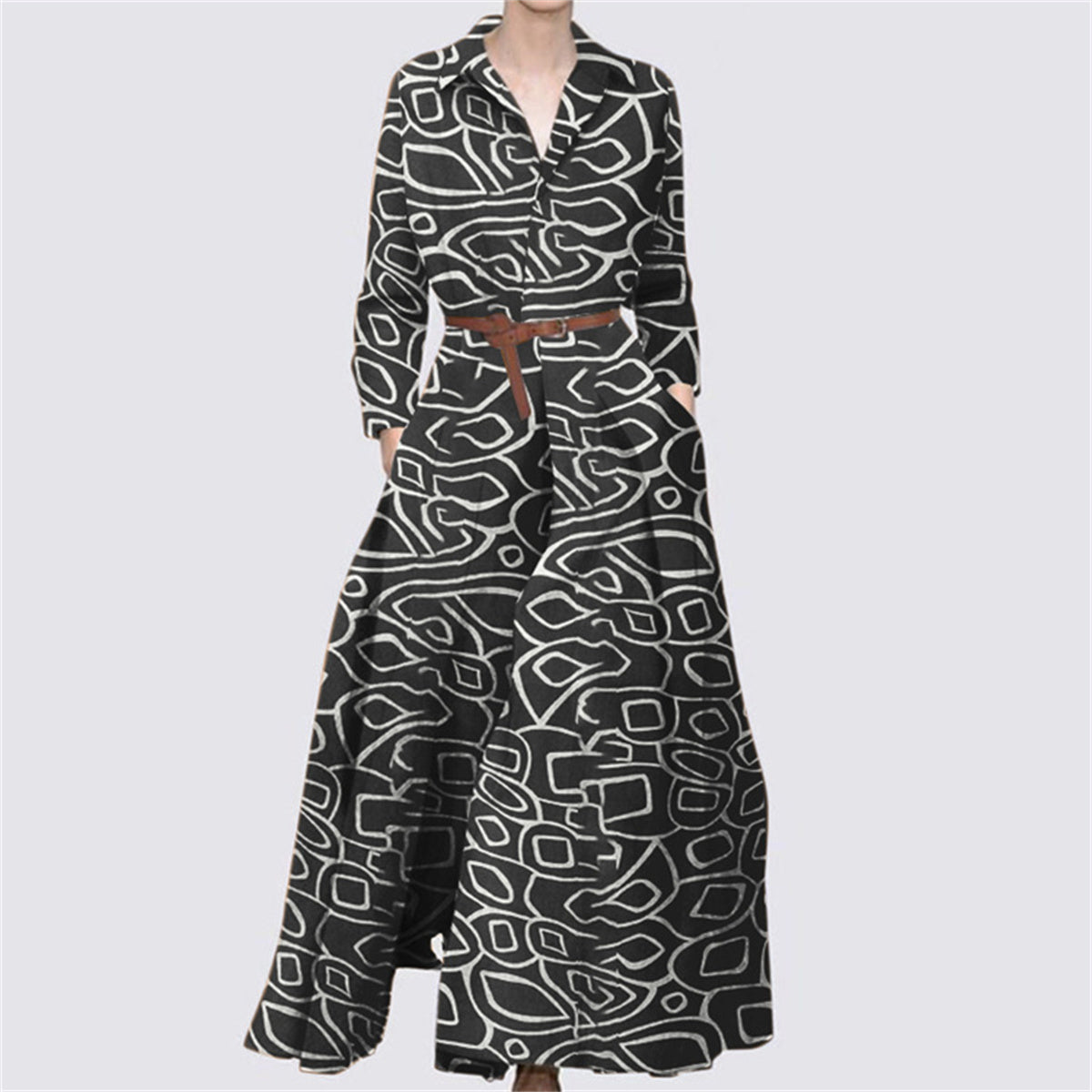 Lapel Printed Long Sleeve Ladies Bohemian Beltless Dress