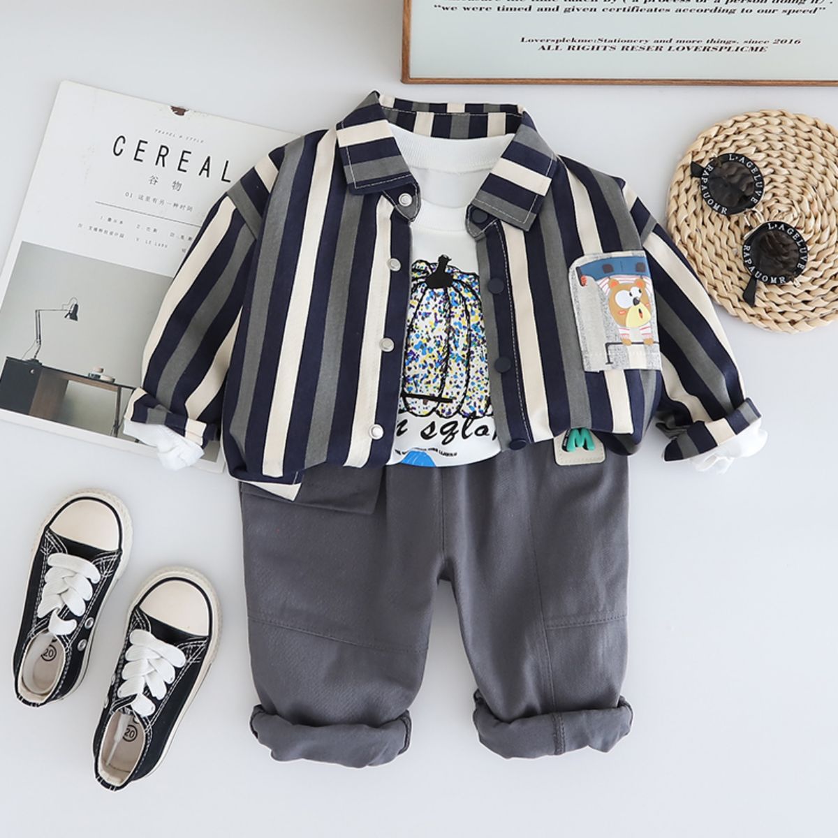 Children's autumn new cartoon animal shirt three-piece baby clothes autumn striped suit trendy