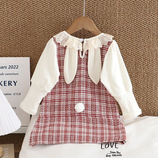 Girls little girl cute children autumn dress spring and autumn new children's long-sleeved dress fake two-piece suit