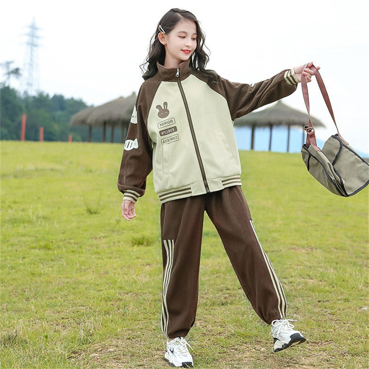 Winter color matching simple casual style sweater suit for middle and large girls