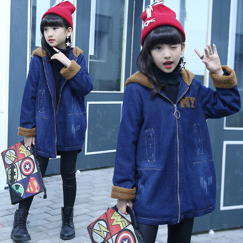 Girls' velvet denim windbreaker hooded long fashionable coat