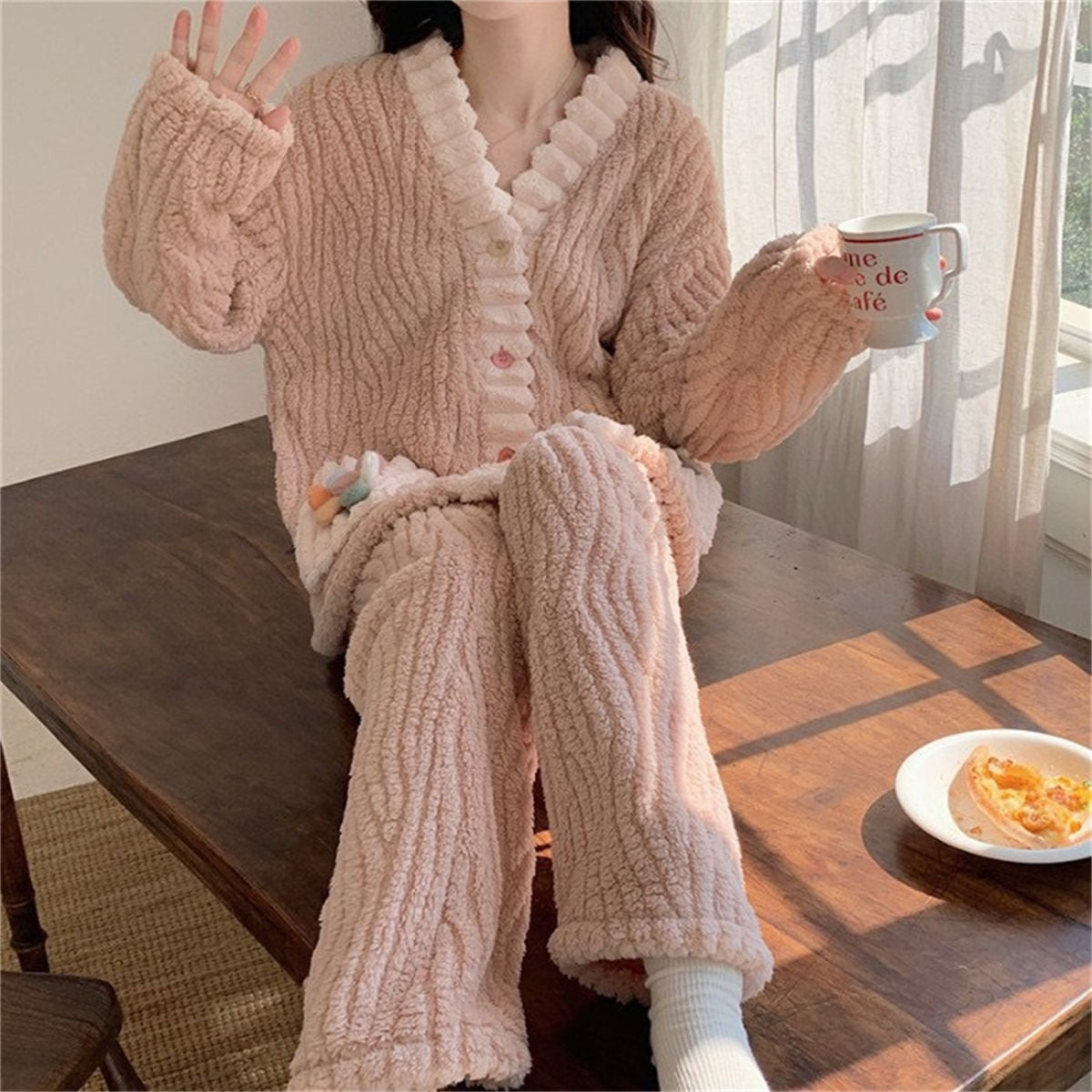 Women's cardigan flannel warm home wear suit