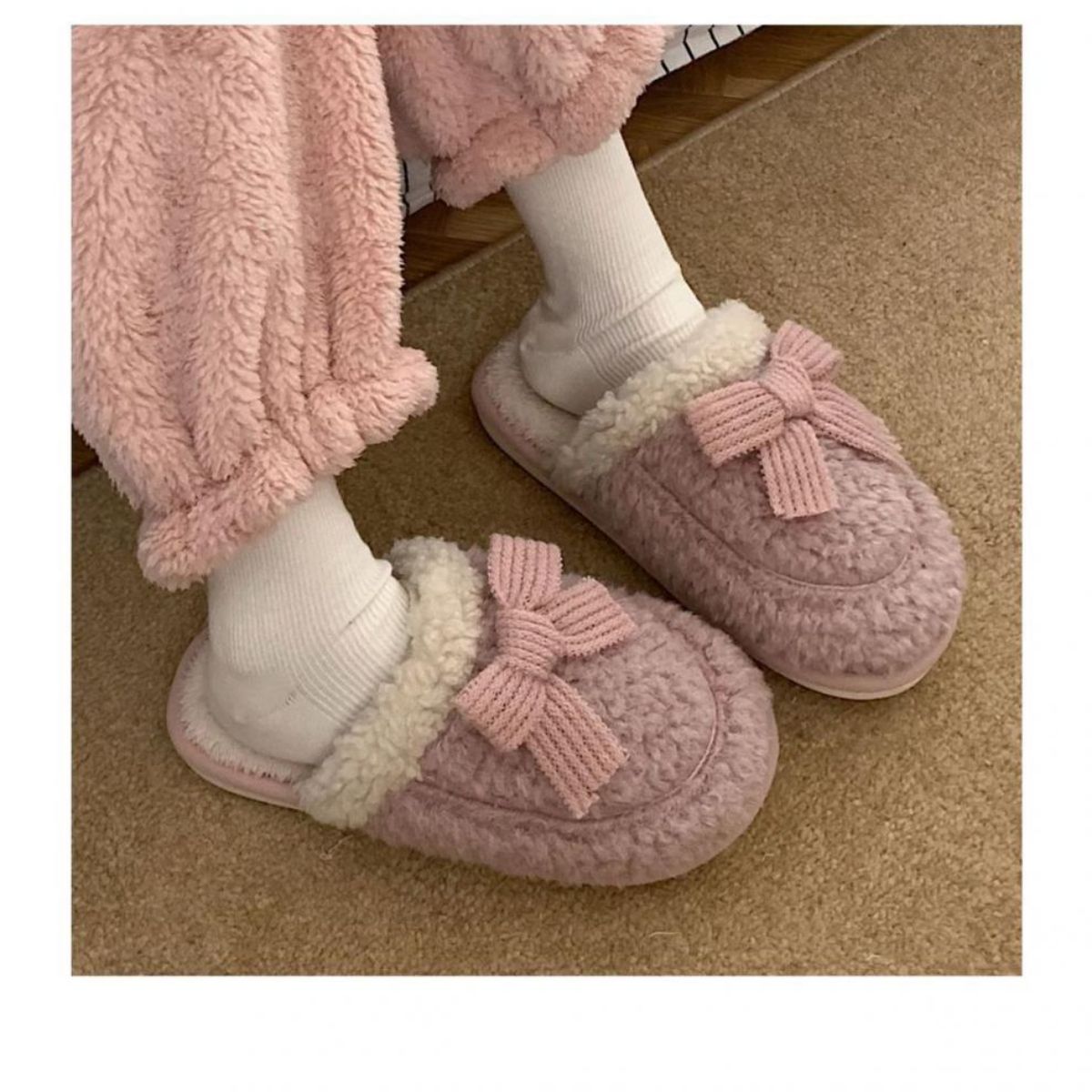 Bowknot warm non-slip plush cotton slippers