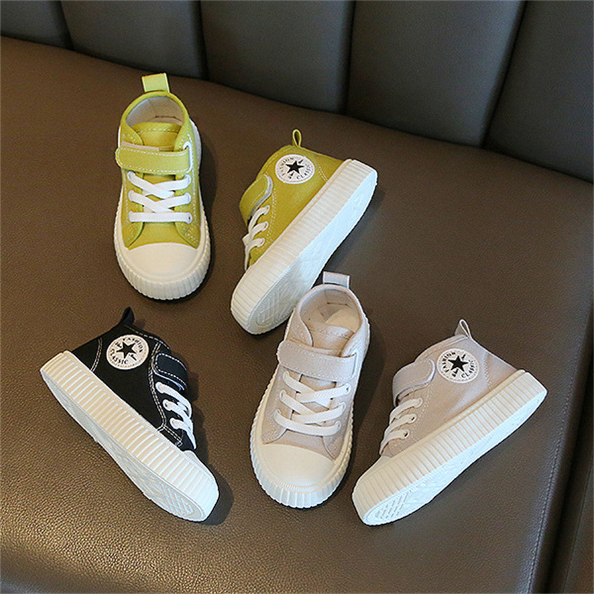 Children's and boys' spring and autumn pure color simple casual style Velcro high-top canvas shoes