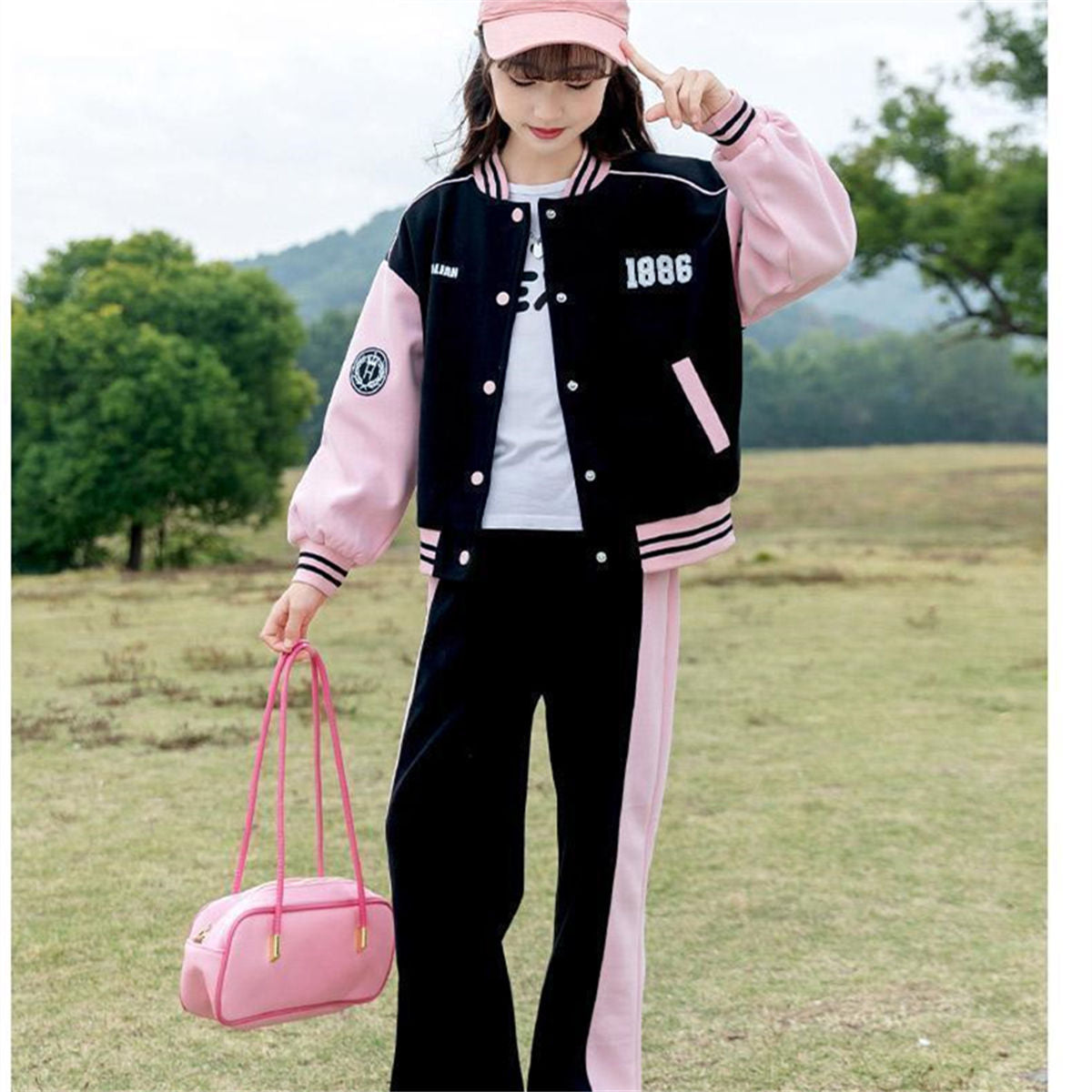 Autumn color matching simple sports style baseball uniform suit for middle and large children and girls