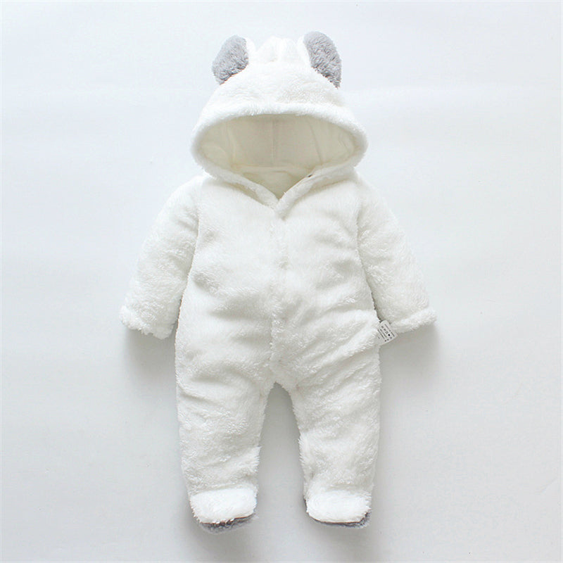 Baby Solid Color Bear Ear Plush Long-sleeved Long-leg Romper