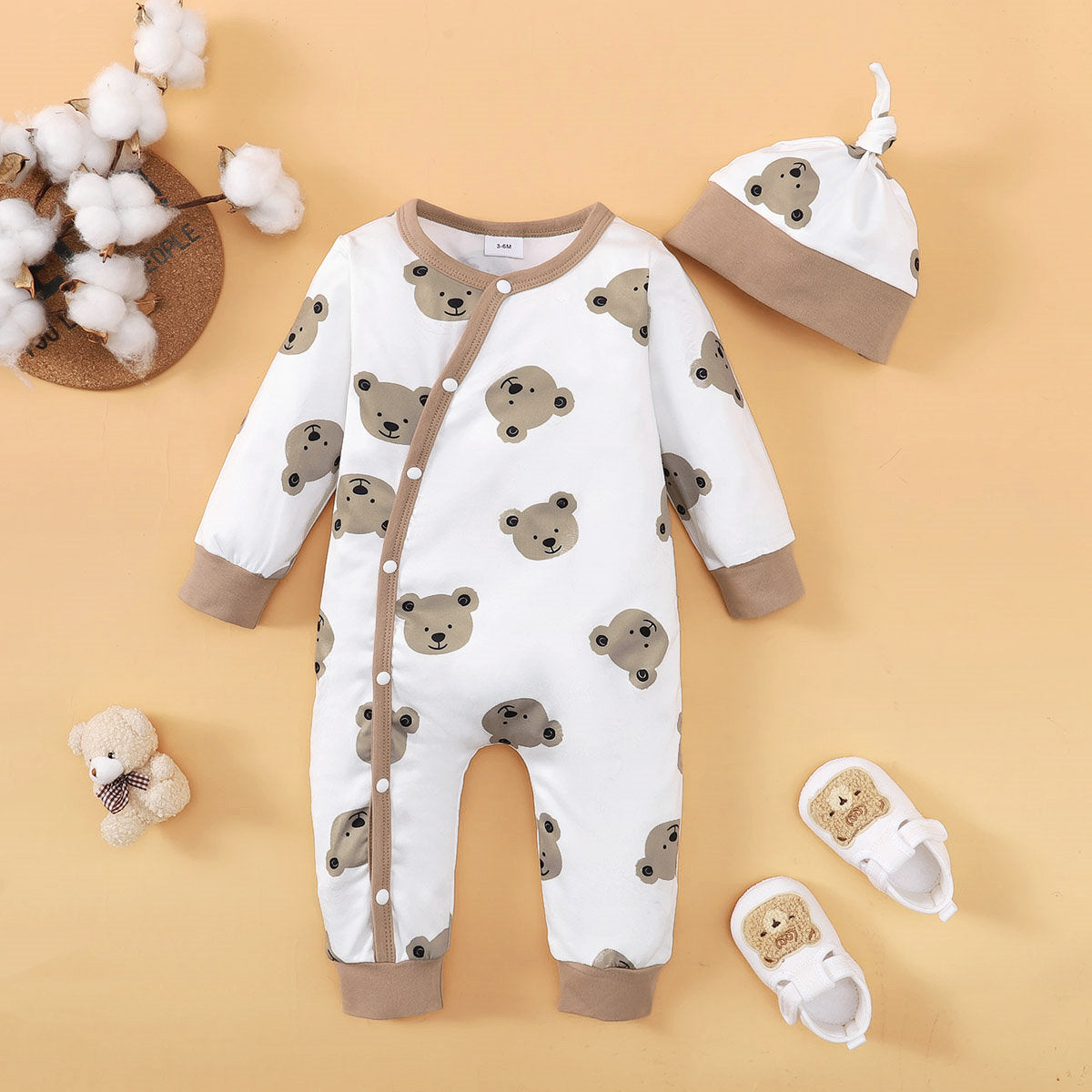 2-piece Baby Boy Allover Bear Printed Long-sleeved Long-leg Romper & Matching Infant Hat