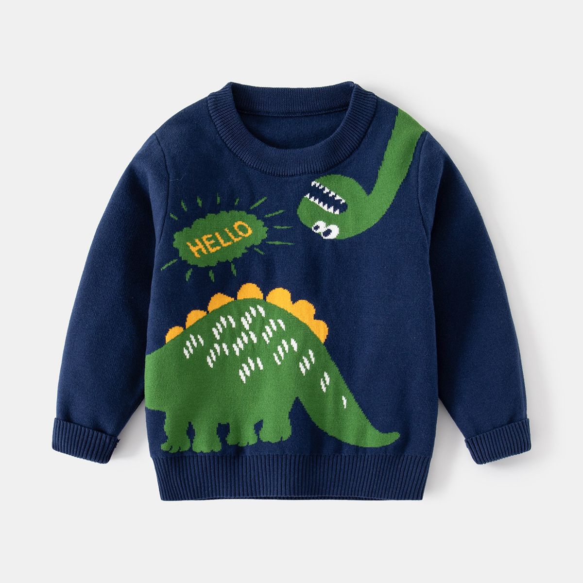 Boys Spring and Autumn Cartoon Cute Dinosaur Sweater Children's Knitted Pullover Long Sleeve Bottom Knitted Round Neck Sweater