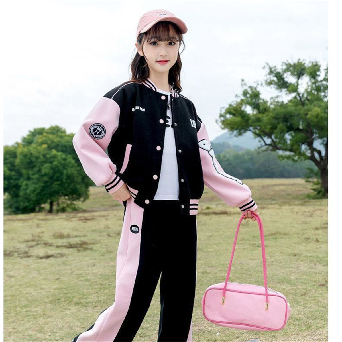 Autumn color matching simple sports style baseball uniform suit for middle and large children and girls