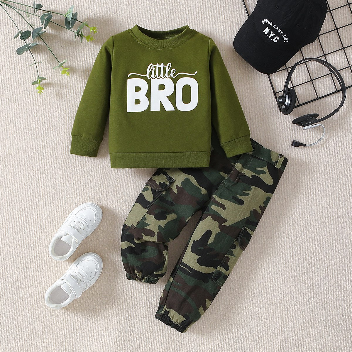 Boys' Autumn Suit Long Sleeve Letter Sweater Camouflage Pants Casual Suit