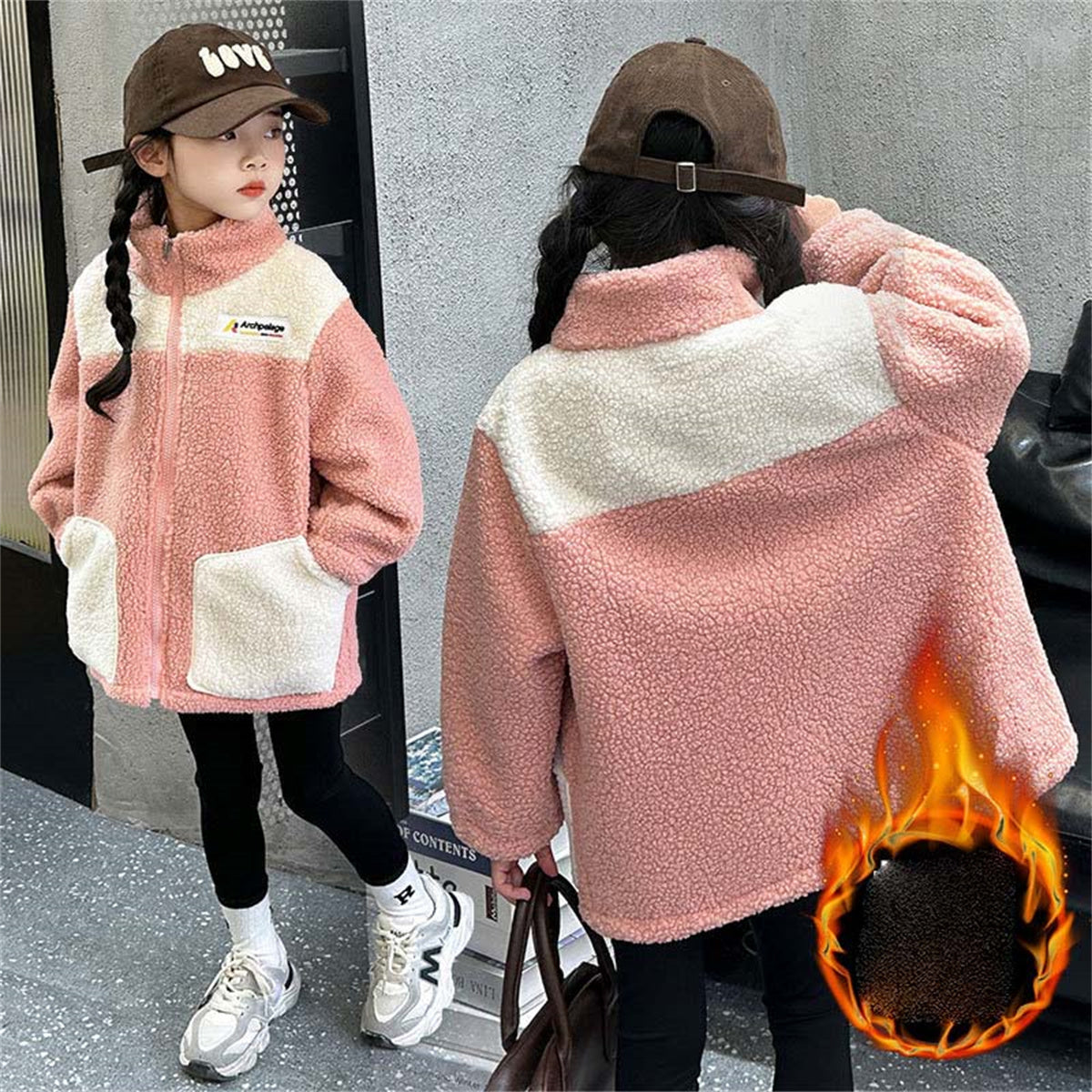 Winter plush and thickened color matching casual jacket for boys and girls