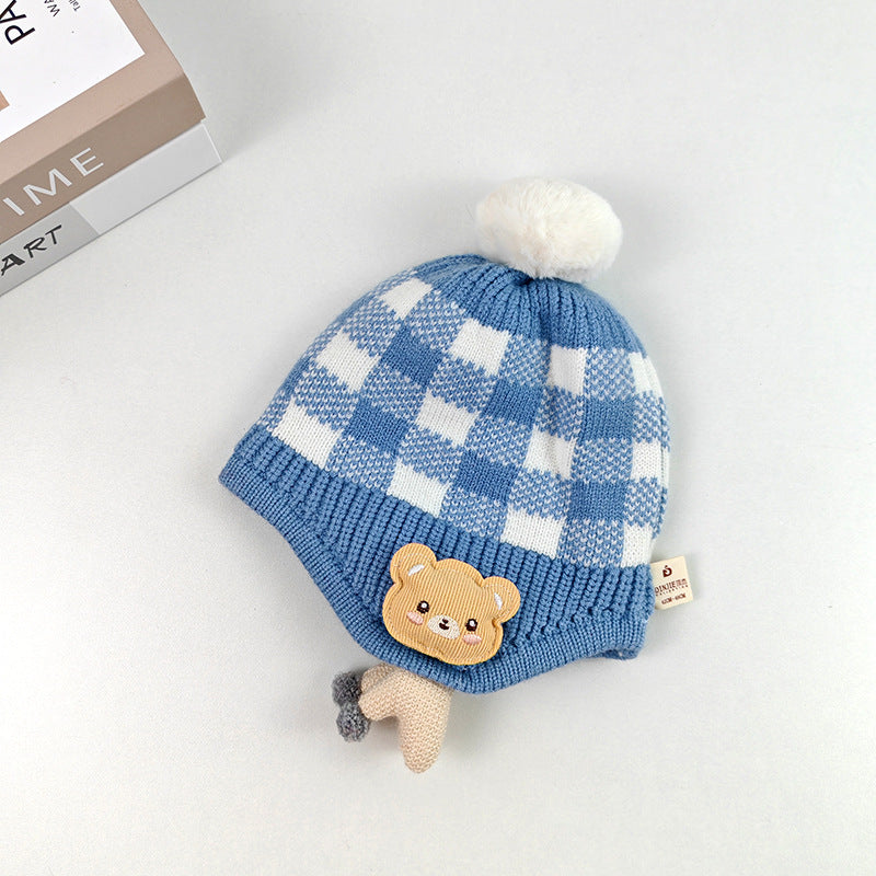 Children's boys and girls cute doll bear plaid knitted warm pullover wool hat