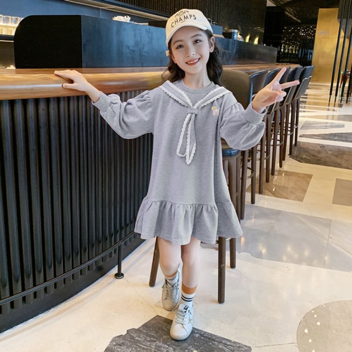 Girls autumn dress children's long-sleeved sweater dress spring and autumn middle and large children girls medium-length skirt