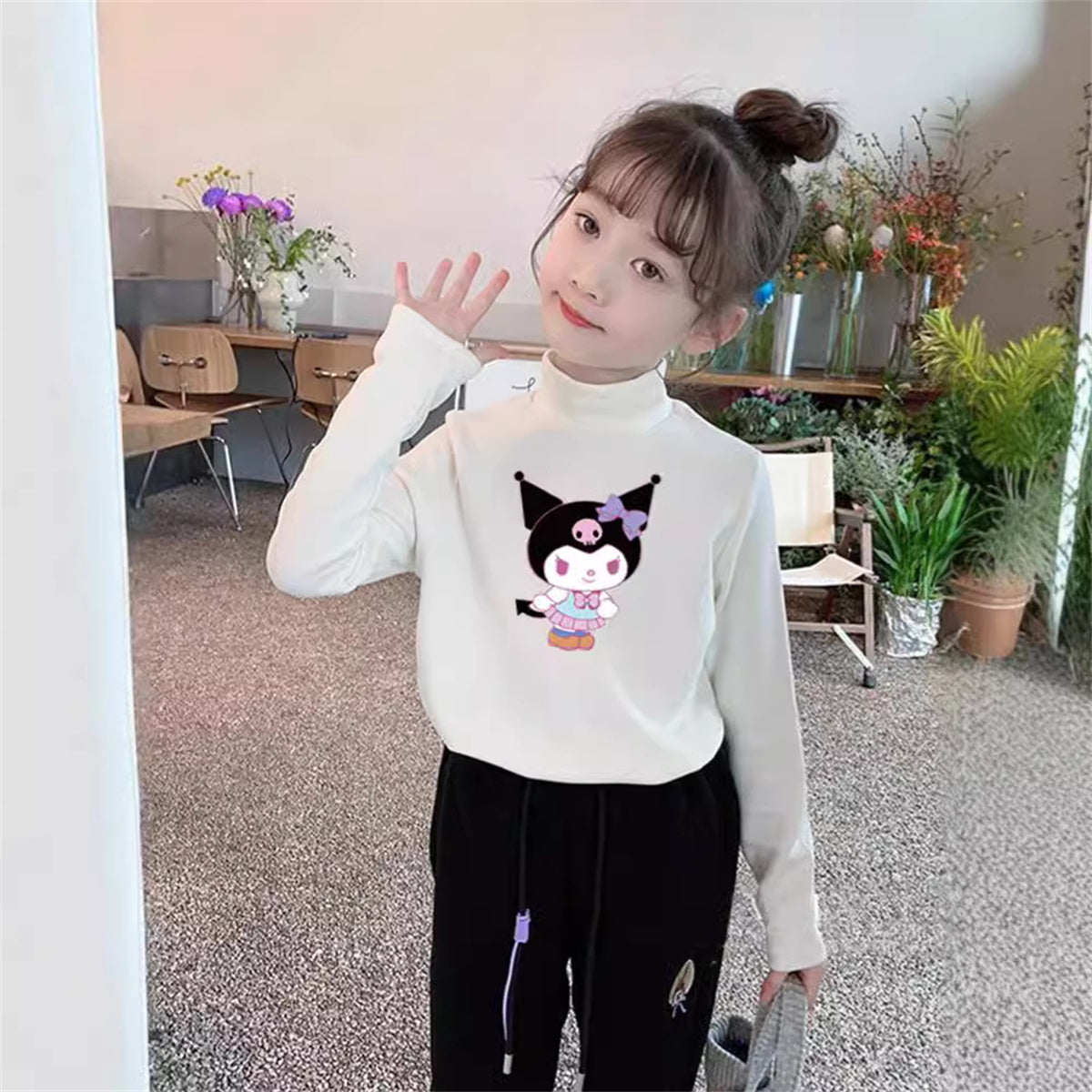 Girls&#39; German velvet half turtleneck bottoming shirt with cartoon print inner wear