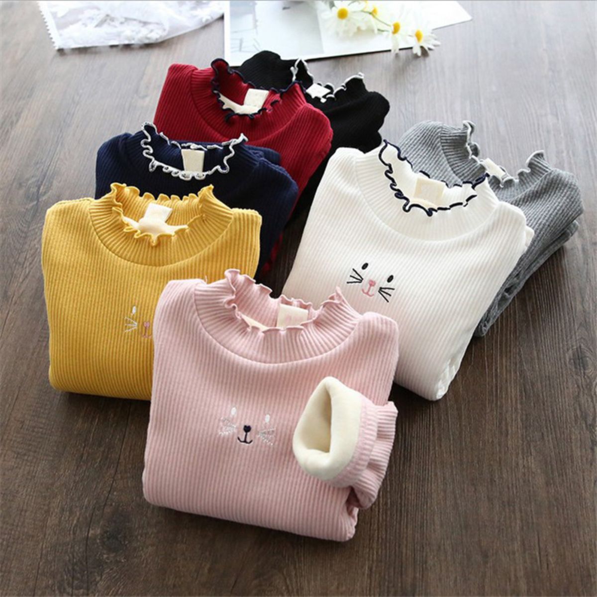 Girls Plush Bottoming Shirt Autumn and Winter Ruffled Thickened Warm T-shirt Children Baby All-match Fleece Sweater