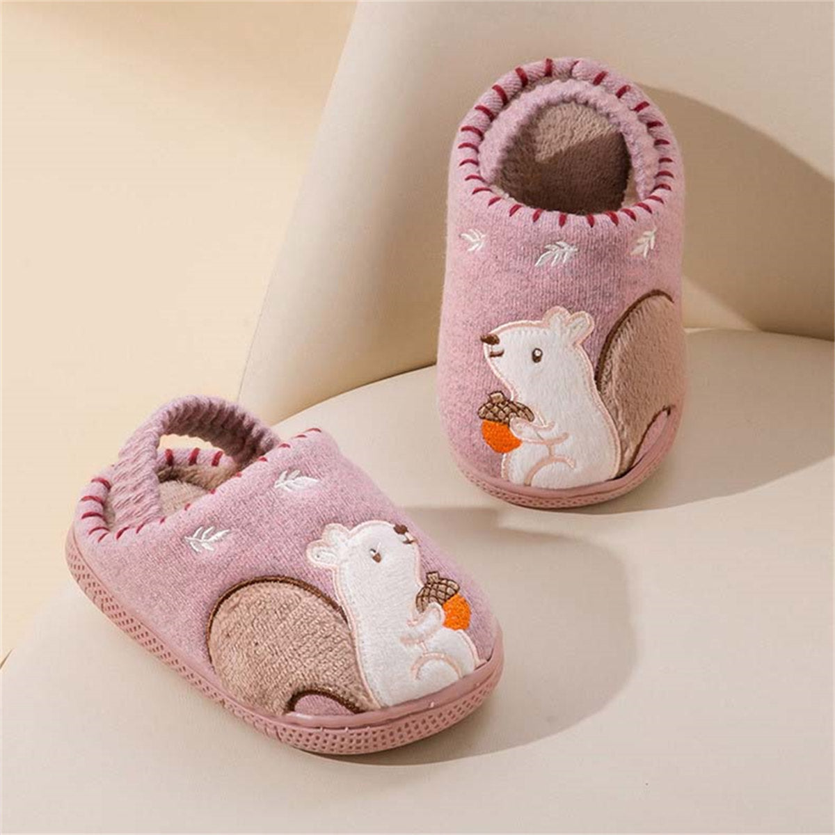 Children's and boys' autumn and winter cute squirrel print warm elastic ankle-capped cotton slippers