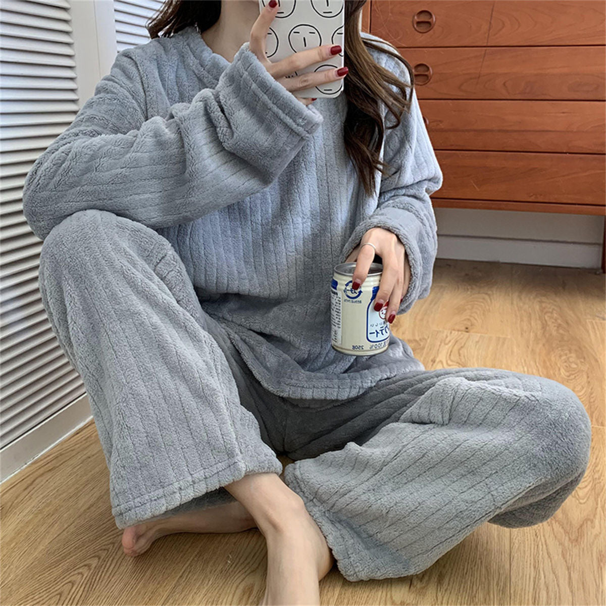 Coral Fleece Pajamas Women's Long Sleeve Thickened Home Clothes Peach Comfort Cotton Set