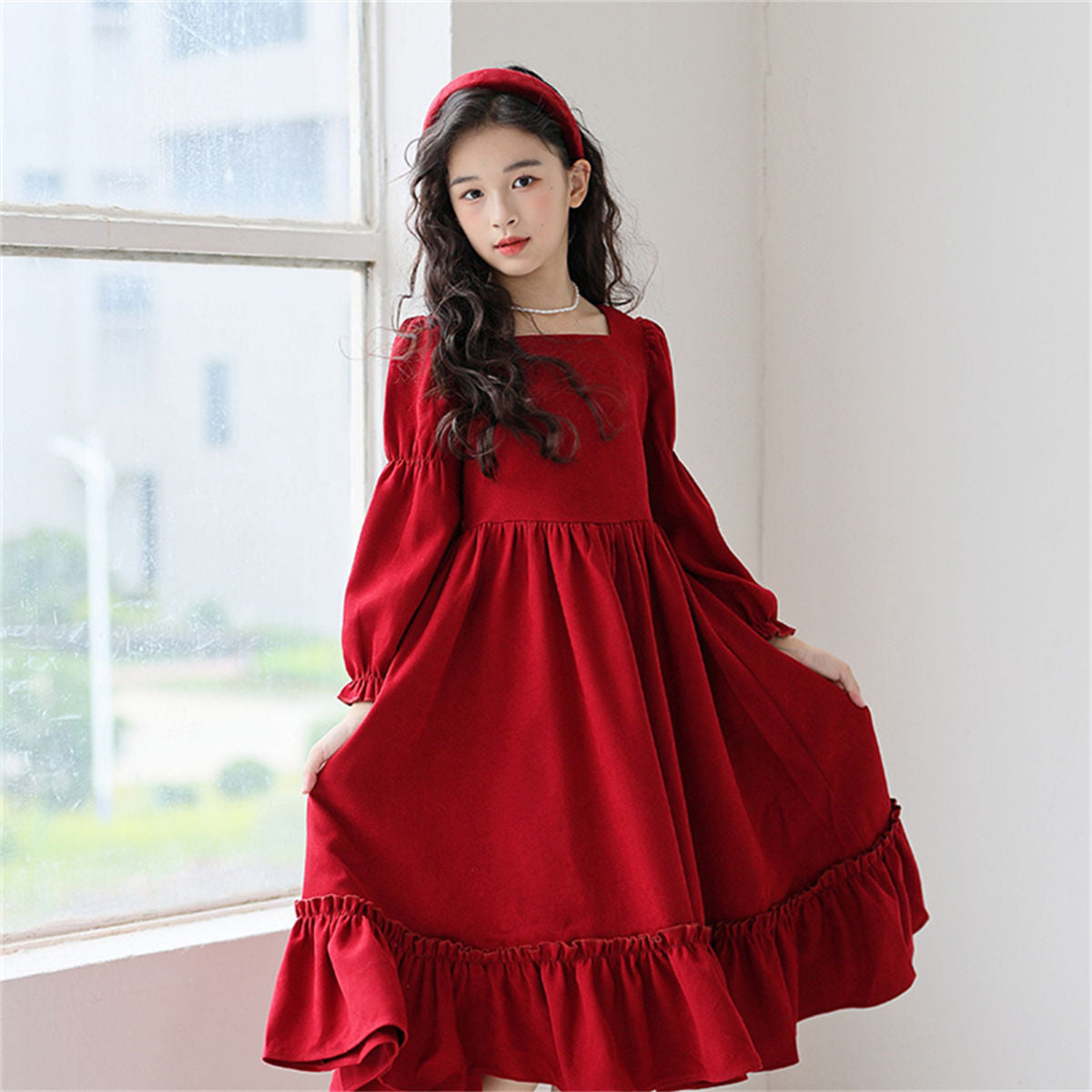 Autumn red elegant lady-style lace long-sleeved dress for middle and large girls