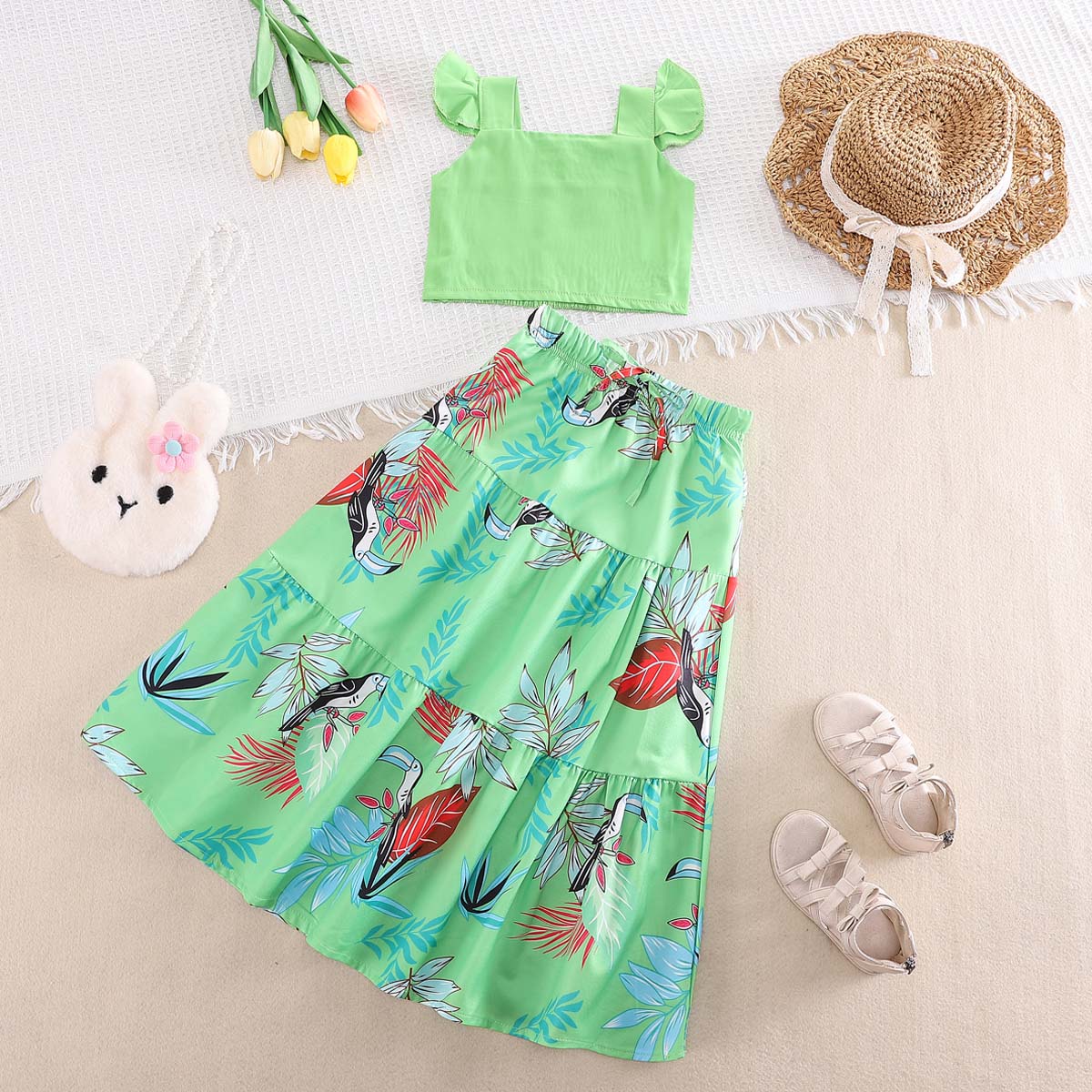 Summer Girls Ruffle Short Vest Swing Skirt Set Printed Holiday Style Set