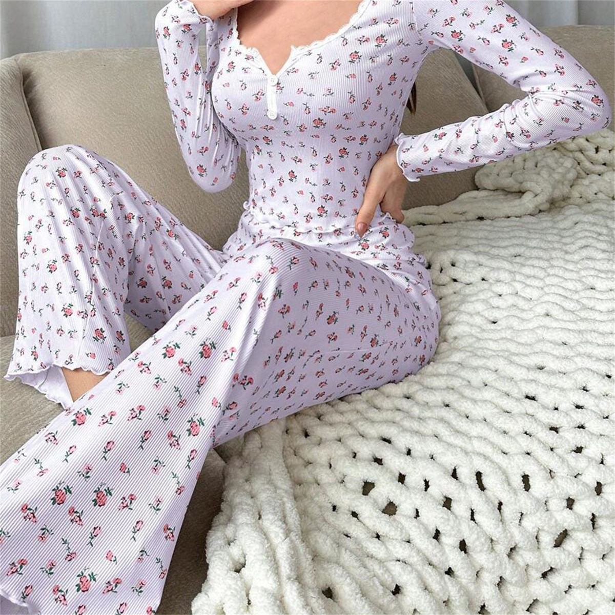 Home wear long sleeve long pants pajamas two piece set