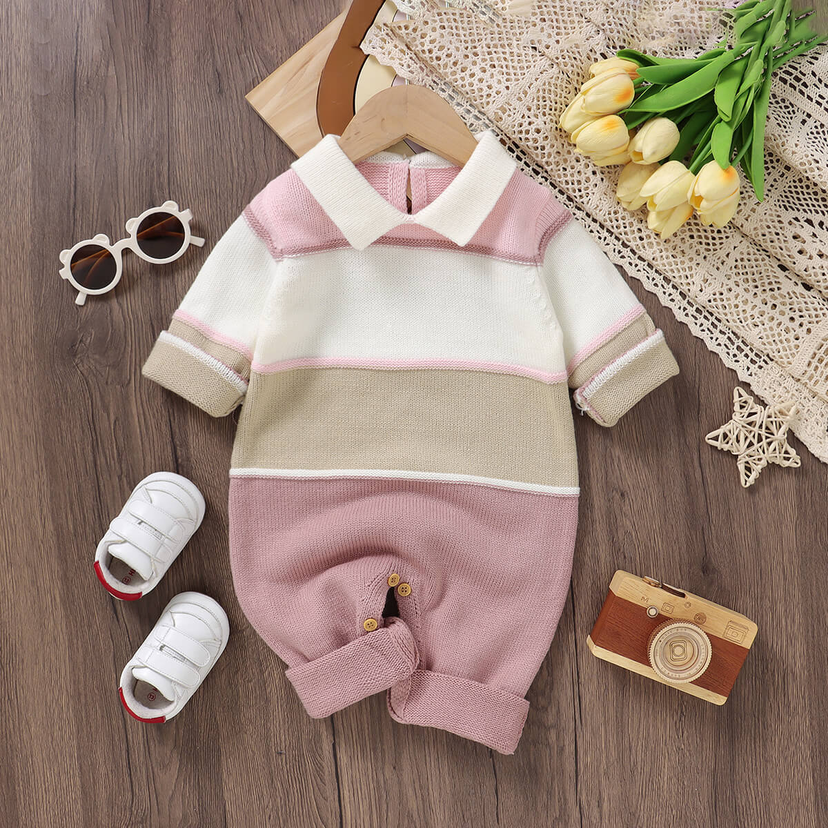 Infant and toddler knitted patchwork one-piece romper long-legged crawling suit