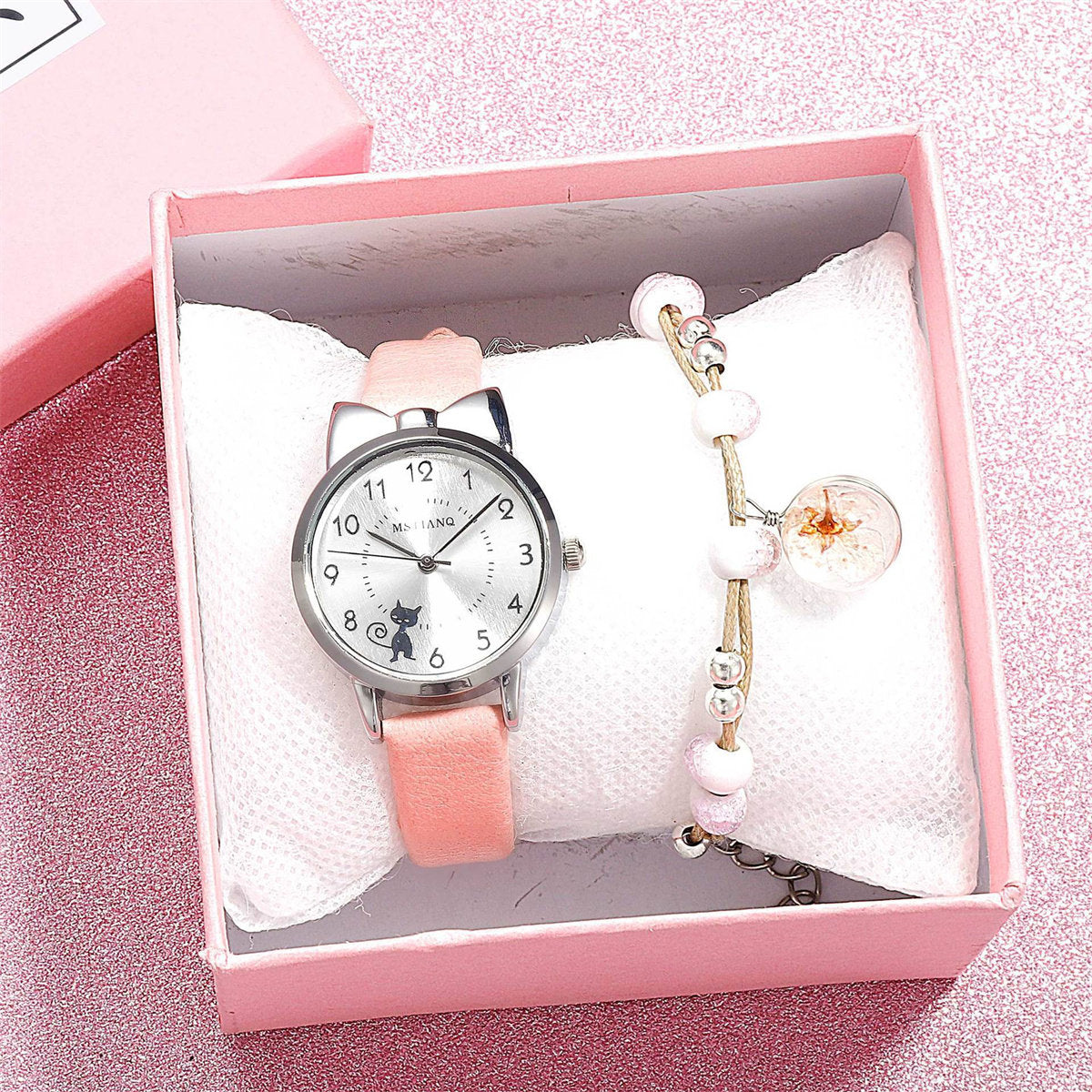 Children Girls 2-piece Set Cute Lady Style Cartoon Cat Moon Bracelet Watch