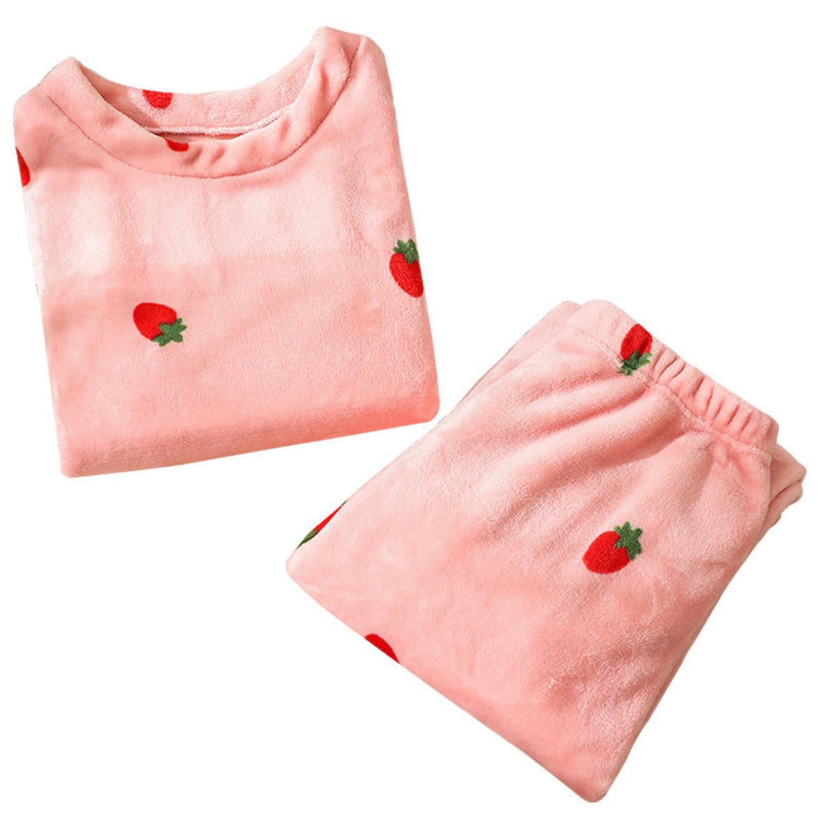 Women's autumn and winter round neck coral fleece pajamas with printed strawberry