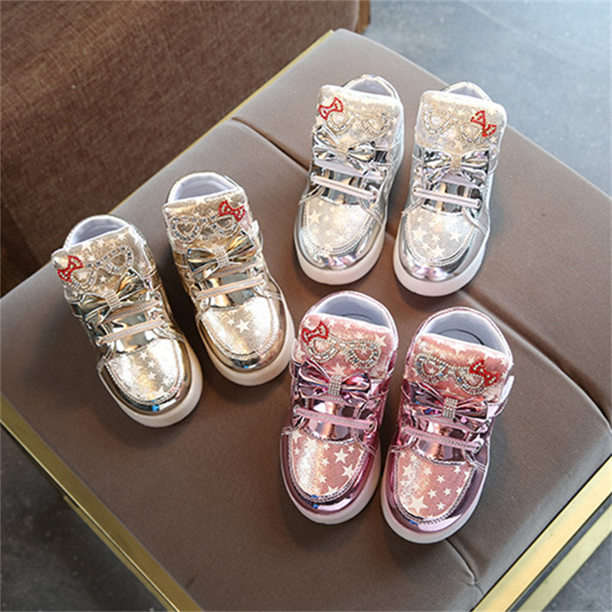 Cute and elegant bow-knot glittering LED high-top sneakers for little girls