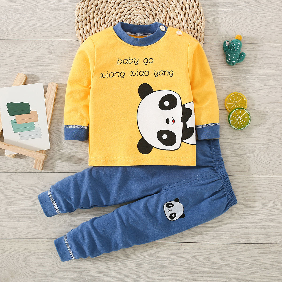 2-piece Toddler Boy Letter and Panda Pattern Long Sleeve Top & Matching Pants