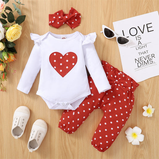 Heart Embroidered Polka Dot Romper Set + Headscarf