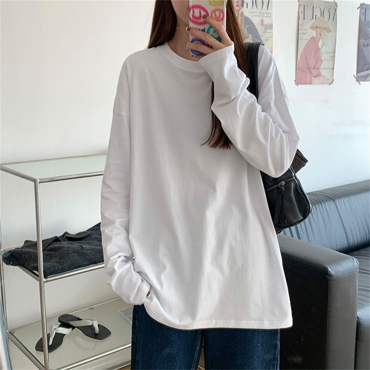 Women's white bottoming shirt with solid color long sleeve T-shirt