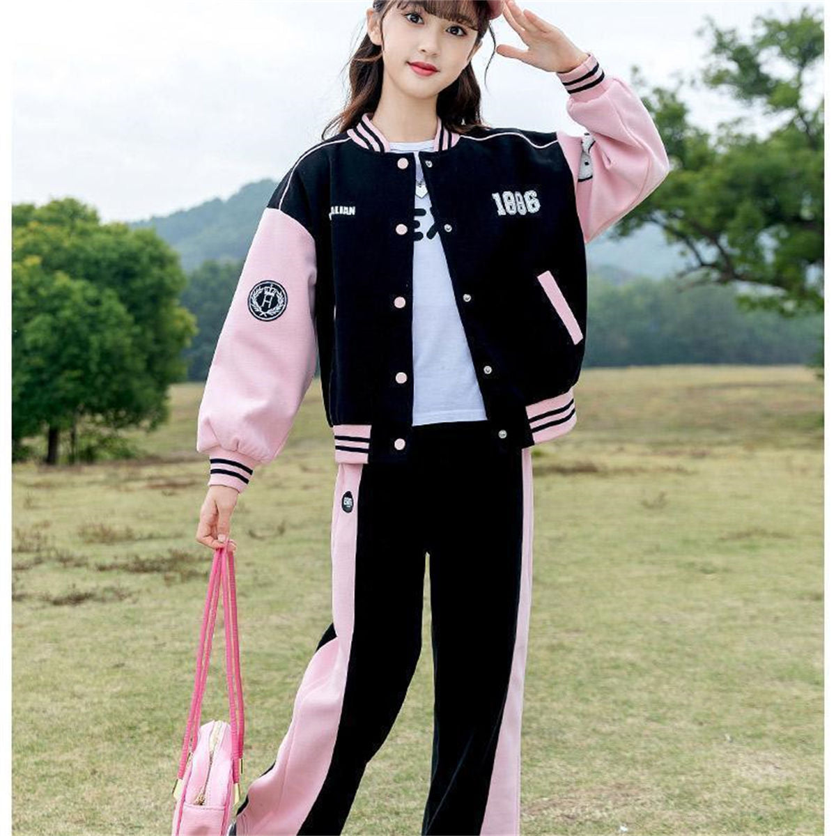 Autumn color matching simple sports style baseball uniform suit for middle and large children and girls