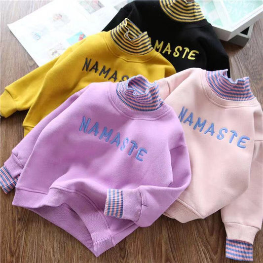 Winter plus velvet simple letter style warm long-sleeved T-shirt for middle and large boys and girls