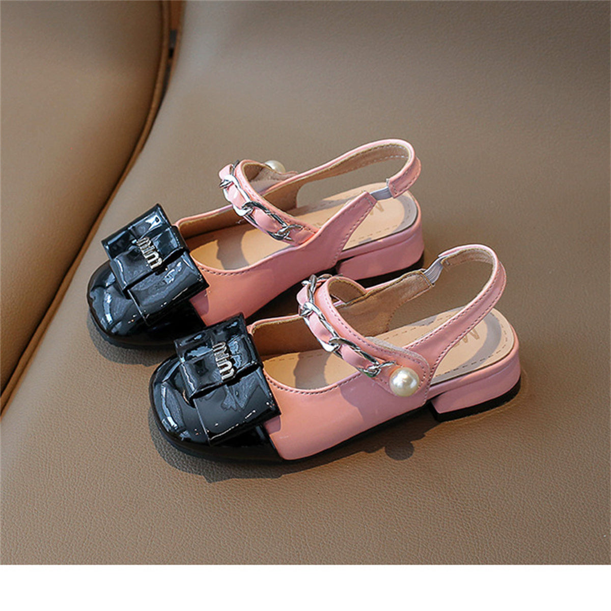 Toddler girl's British style color matching thick heel pearl flat leather shoes