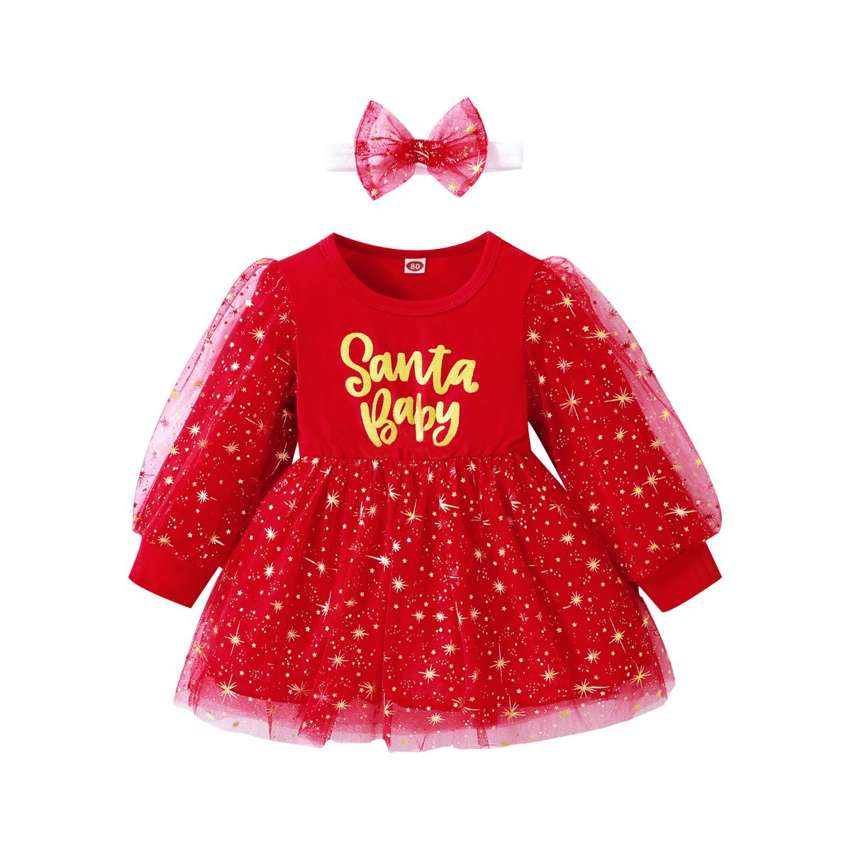 Girls Christmas English Gold Letter Printed Mesh Puff Sleeve Dress