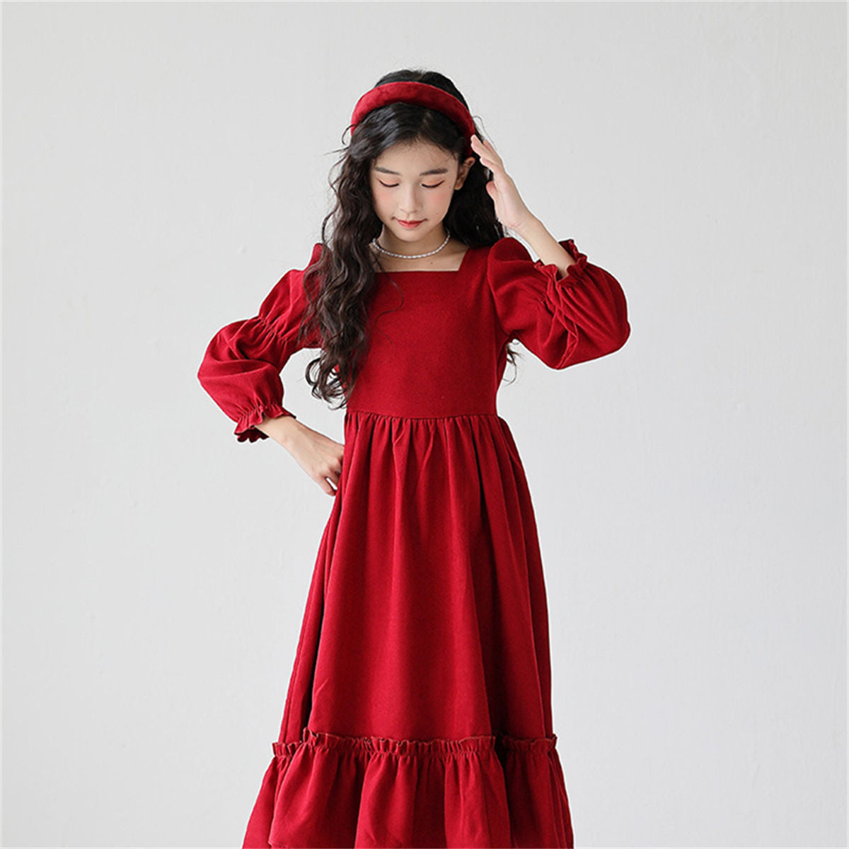 Autumn red elegant lady-style lace long-sleeved dress for middle and large girls