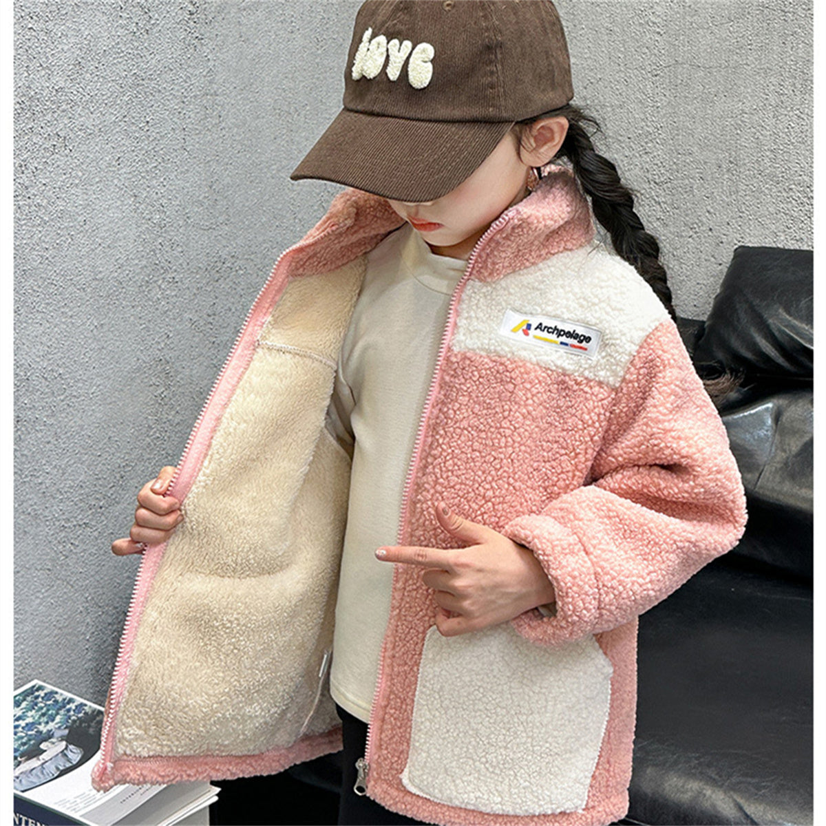 Winter plush and thickened color matching casual jacket for boys and girls