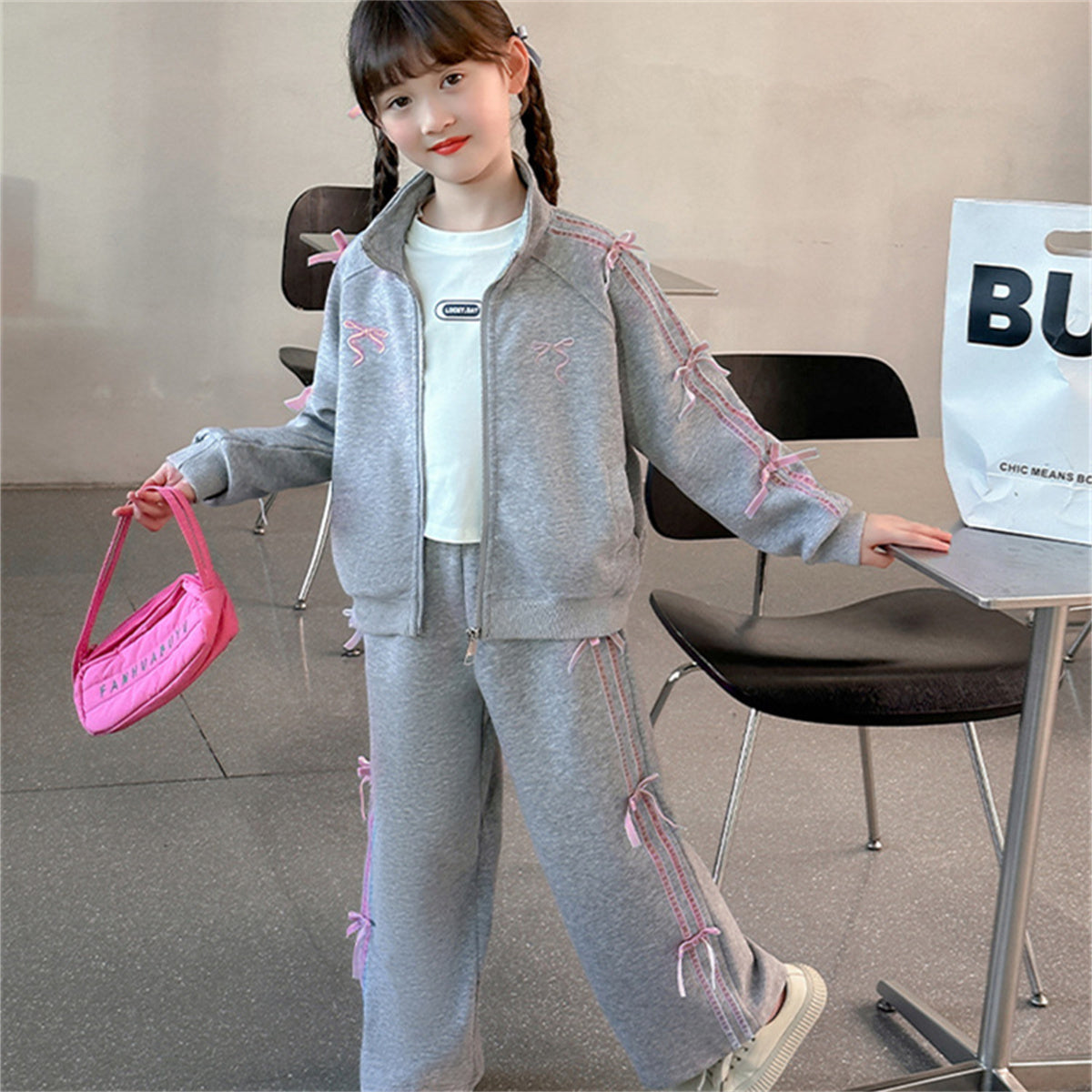 Sports suit children's bow fashionable cardigan fashionable sweatpants two-piece set