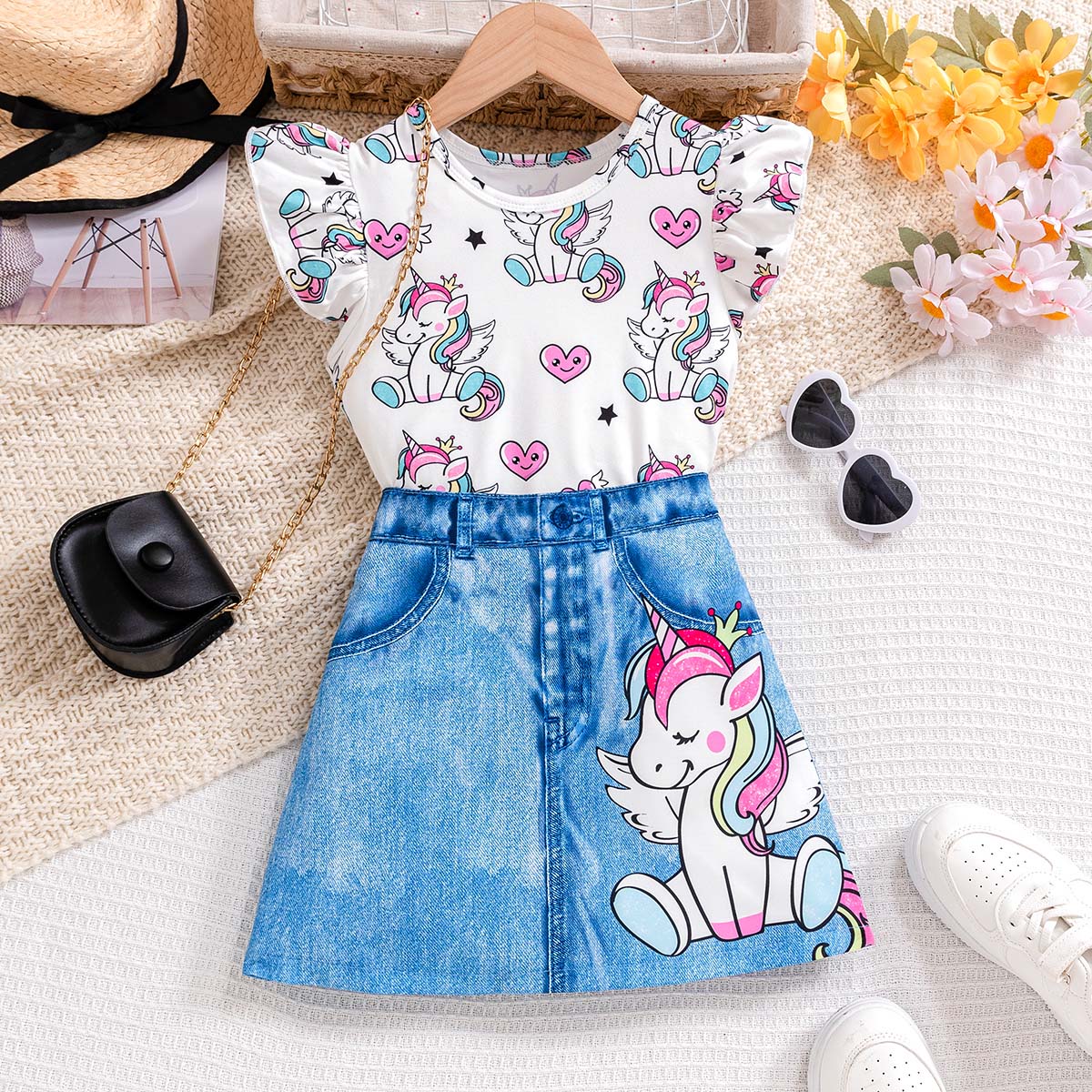 Girls cute knitted unicorn flying sleeves T-shirt and unicorn pattern denim print skirt set Spring and Summer