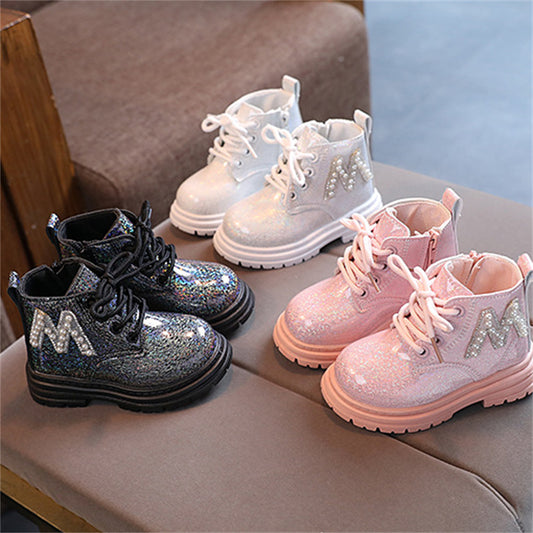 Little girls cool style letter pearl style autumn and winter leisure ladies waterproof Martin boots